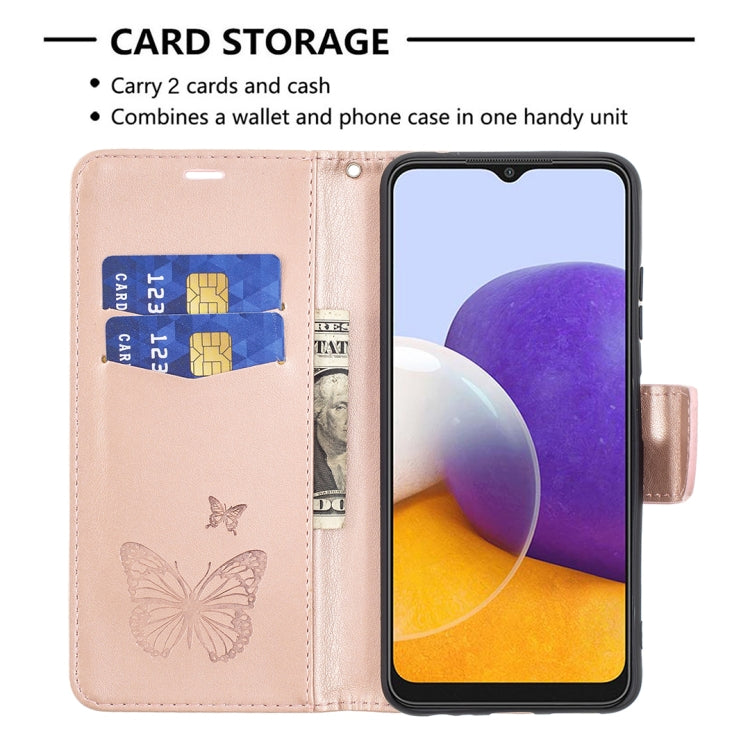 For Samsung Galaxy A22 5G Embossing Two Butterflies Pattern Horizontal Flip PU Leather Case with Holder & Card Slot & Wallet & Lanyard