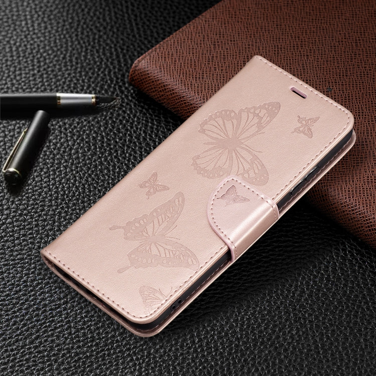 For Samsung Galaxy A22 5G Embossing Two Butterflies Pattern Horizontal Flip PU Leather Case with Holder & Card Slot & Wallet & Lanyard