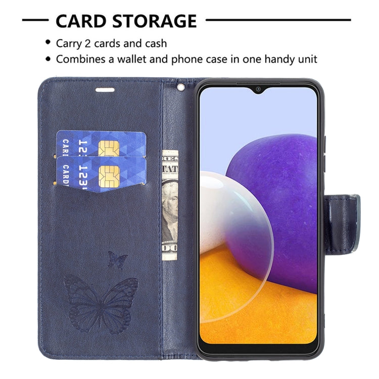 For Samsung Galaxy A22 5G Embossing Two Butterflies Pattern Horizontal Flip PU Leather Case with Holder & Card Slot & Wallet & Lanyard