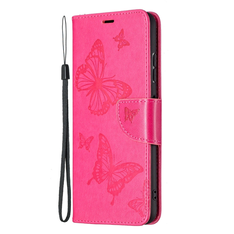 For Samsung Galaxy A22 5G Embossing Two Butterflies Pattern Horizontal Flip PU Leather Case with Holder & Card Slot & Wallet & Lanyard