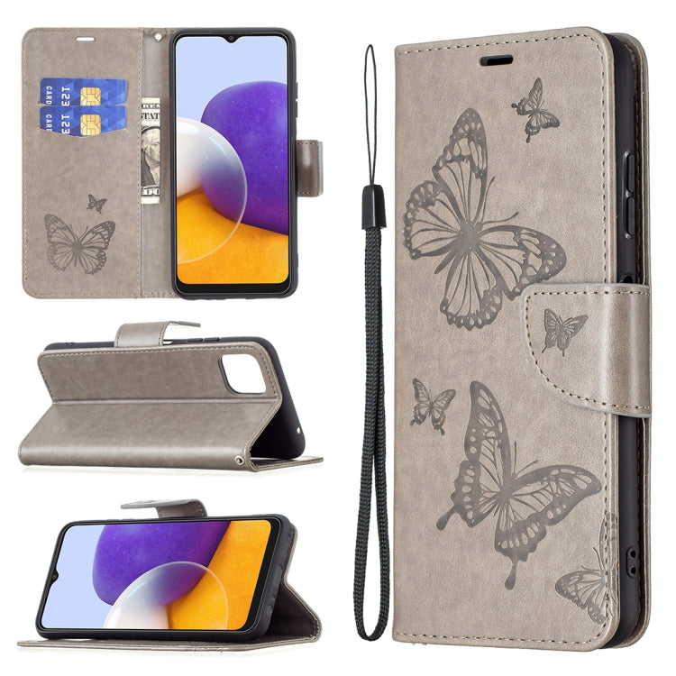 For Samsung Galaxy A22 5G Embossing Two Butterflies Pattern Horizontal Flip PU Leather Case with Holder & Card Slot & Wallet & Lanyard