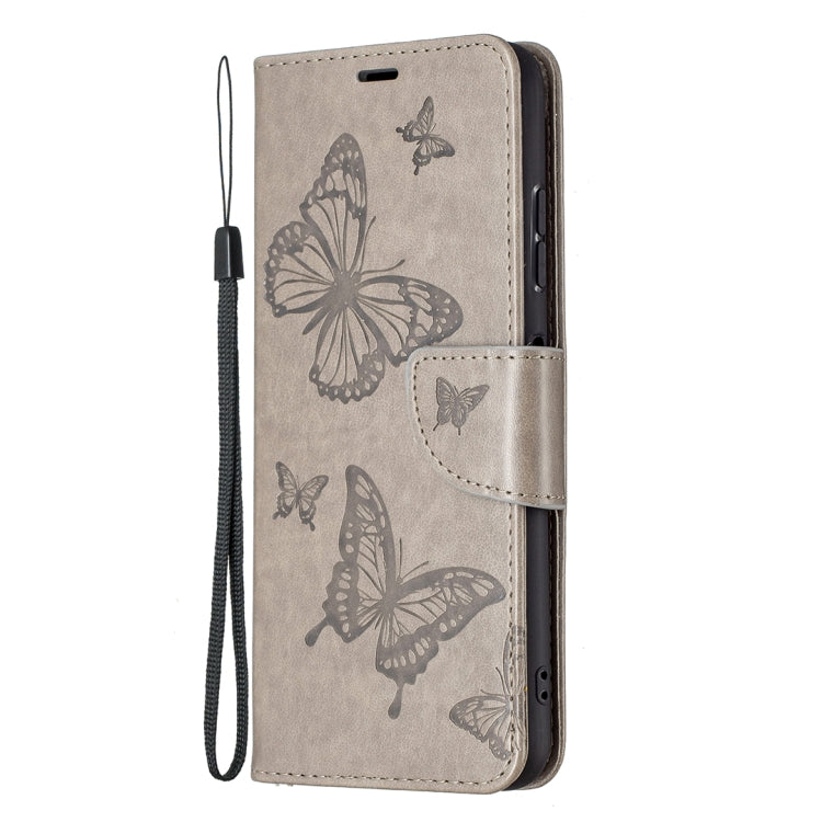 For Samsung Galaxy A22 5G Embossing Two Butterflies Pattern Horizontal Flip PU Leather Case with Holder & Card Slot & Wallet & Lanyard