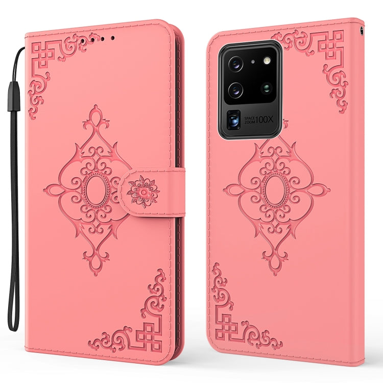 For Samsung Galaxy S21 Ultra 5G Embossed Fortune Flower Pattern Horizontal Flip Leather Case with Holder & Card Slot & Wallet & Lanyard