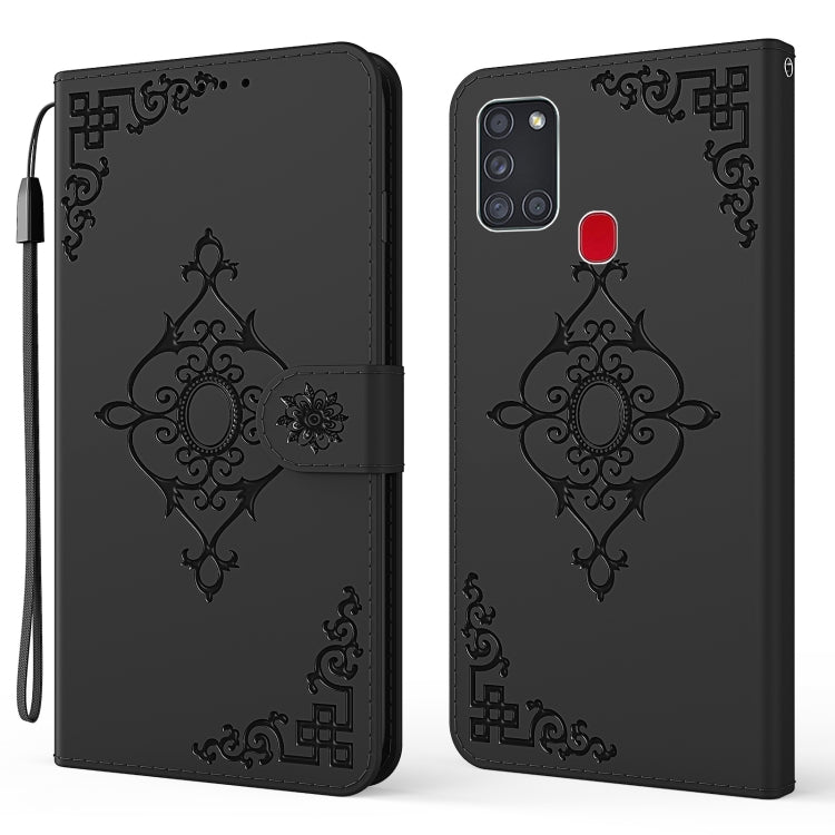 For Samsung Galaxy A21s Embossed Fortune Flower Pattern Horizontal Flip Leather Case with Holder & Card Slot & Wallet & Lanyard