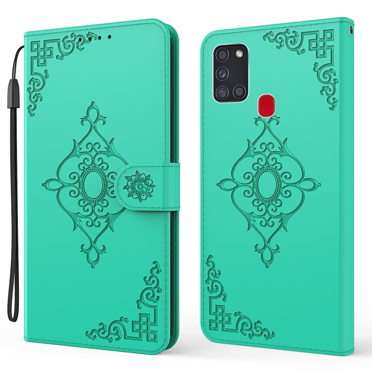 For Samsung Galaxy A21s Embossed Fortune Flower Pattern Horizontal Flip Leather Case with Holder & Card Slot & Wallet & Lanyard