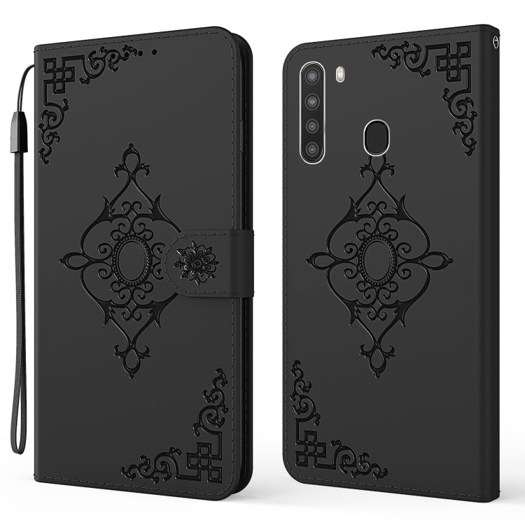 For Samsung Galaxy A21 US Version Embossed Fortune Flower Pattern Horizontal Flip Leather Case with Holder & Card Slot & Wallet & Lanyard