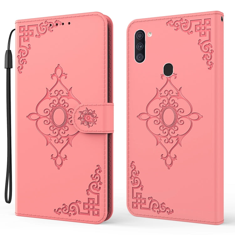 For Samsung Galaxy A11 Embossed Fortune Flower Pattern Horizontal Flip Leather Case with Holder & Card Slot & Wallet & Lanyard