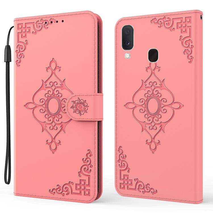 For Samsung Galaxy A40 Embossed Fortune Flower Pattern Horizontal Flip Leather Case with Holder & Card Slot & Wallet & Lanyard