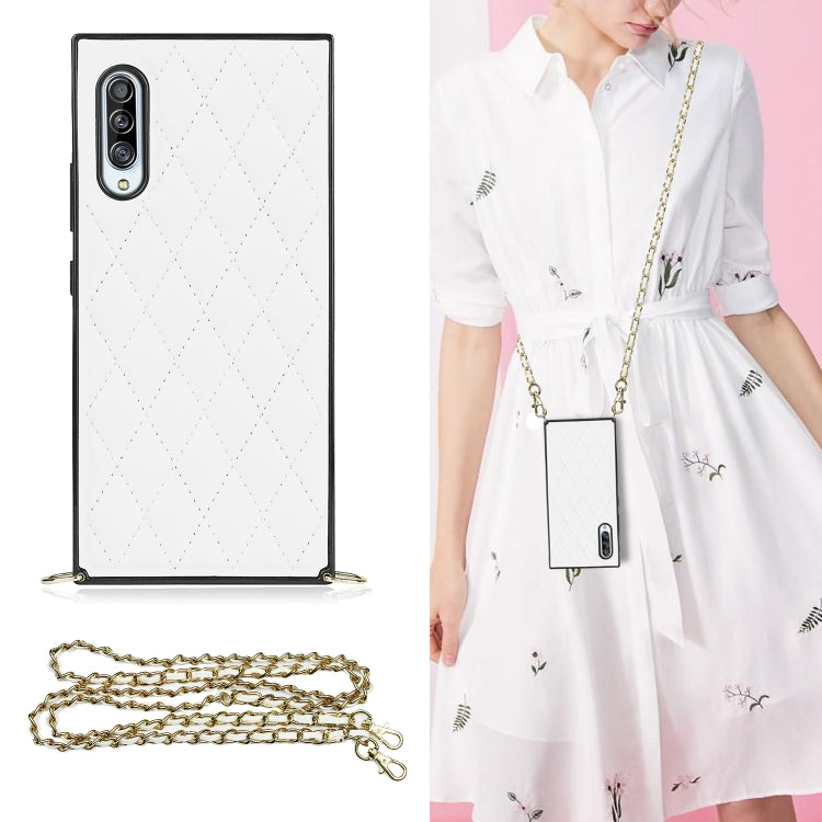 For Samsung Galaxy A90 5G Elegant Rhombic Pattern Microfiber Leather +TPU Shockproof Case with Crossbody Strap Chain