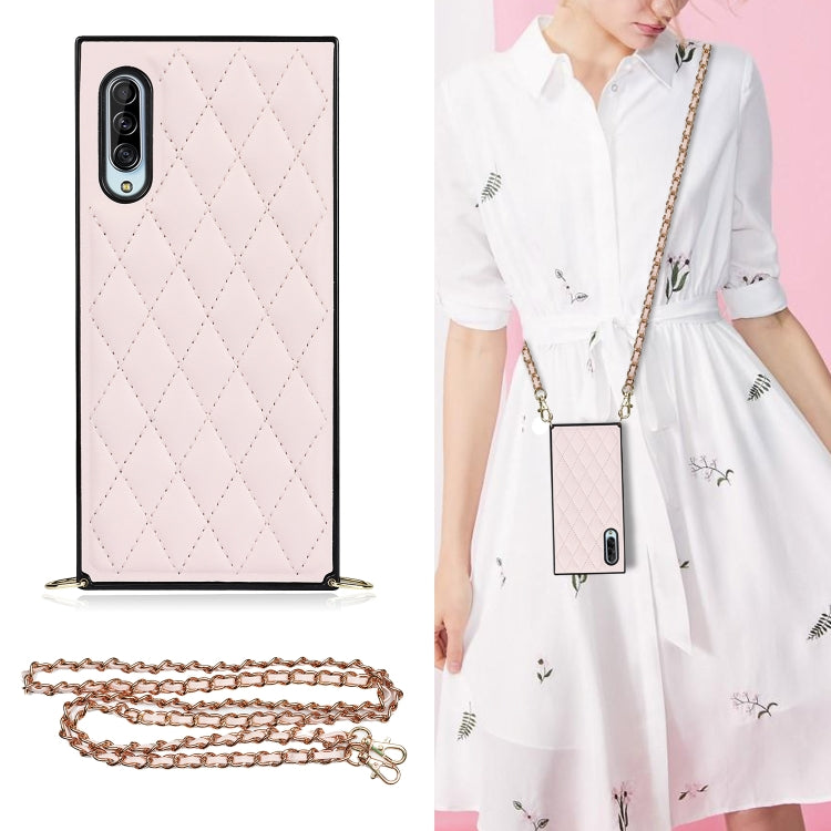 For Samsung Galaxy A90 5G Elegant Rhombic Pattern Microfiber Leather +TPU Shockproof Case with Crossbody Strap Chain