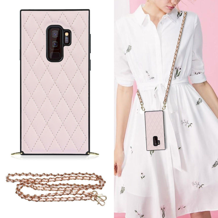 For Samsung Galaxy S9+ Elegant Rhombic Pattern Microfiber Leather +TPU Shockproof Case with Crossbody Strap Chain
