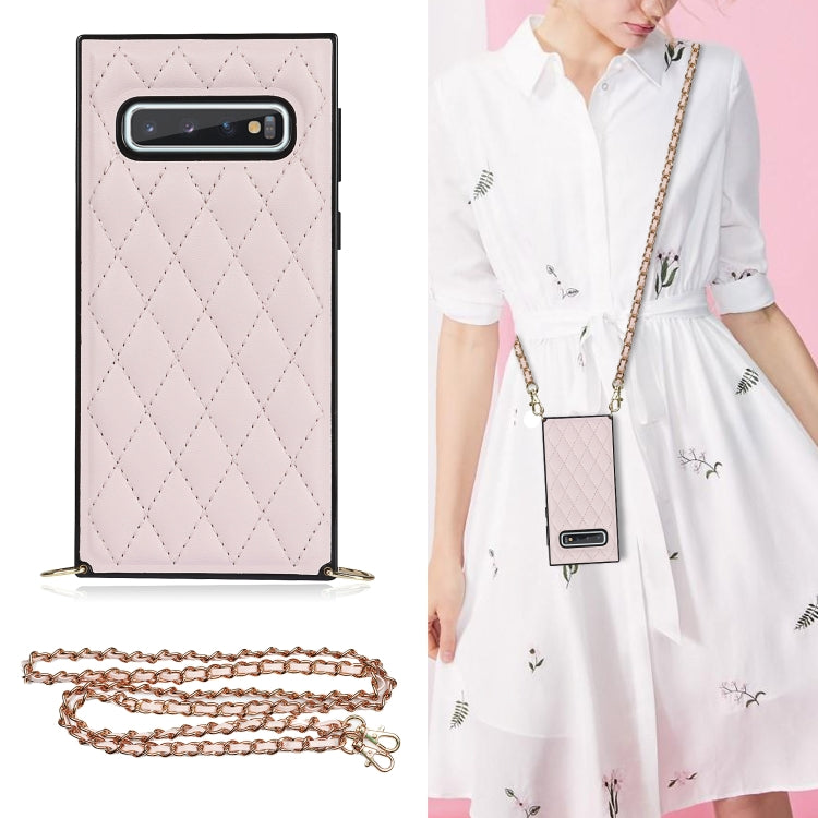 For Samsung Galaxy S10e Elegant Rhombic Pattern Microfiber Leather +TPU Shockproof Case with Crossbody Strap Chain