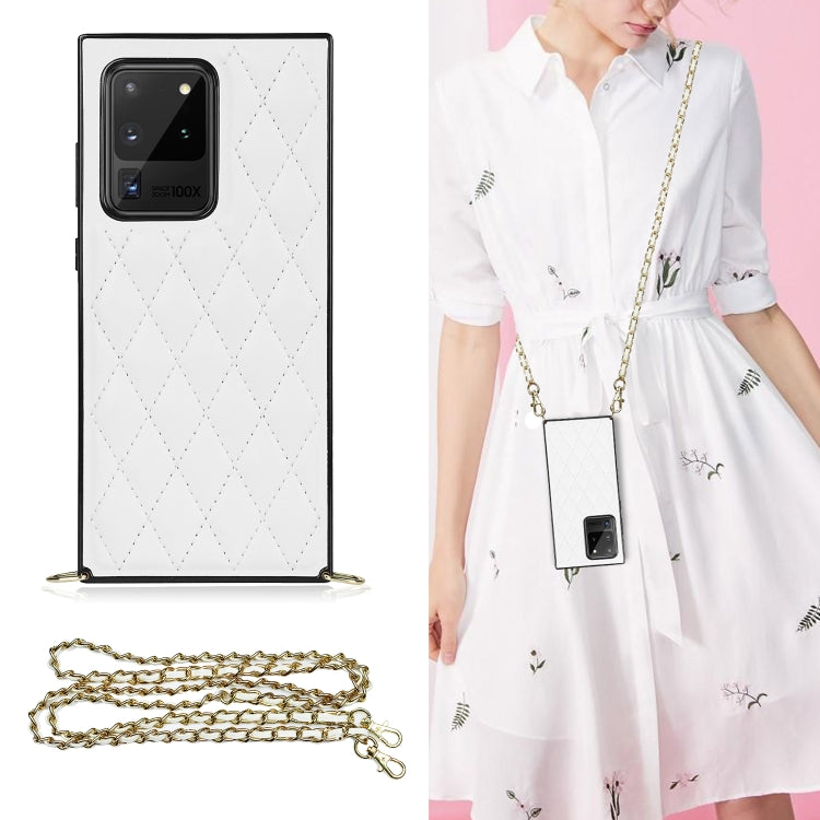For Samsung Galaxy S20 Ultra Elegant Rhombic Pattern Microfiber Leather +TPU Shockproof Case with Crossbody Strap Chain