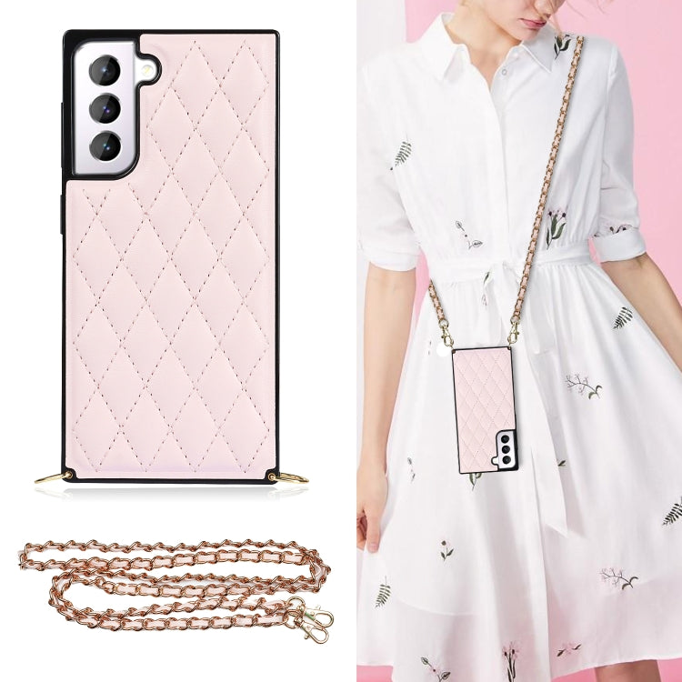 For Samsung Galaxy S21 5G Elegant Rhombic Pattern Microfiber Leather +TPU Shockproof Case with Crossbody Strap Chain