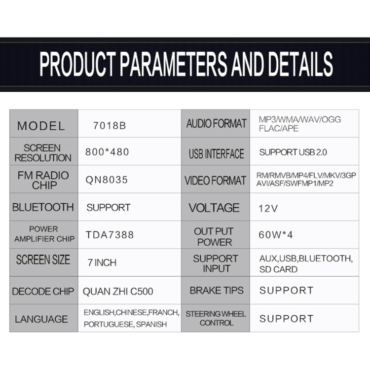 A2085 HD 7 inch Car Bluetooth Radio Receiver MP5 Player, Support FM & USB with Steering Wheel Remote Control