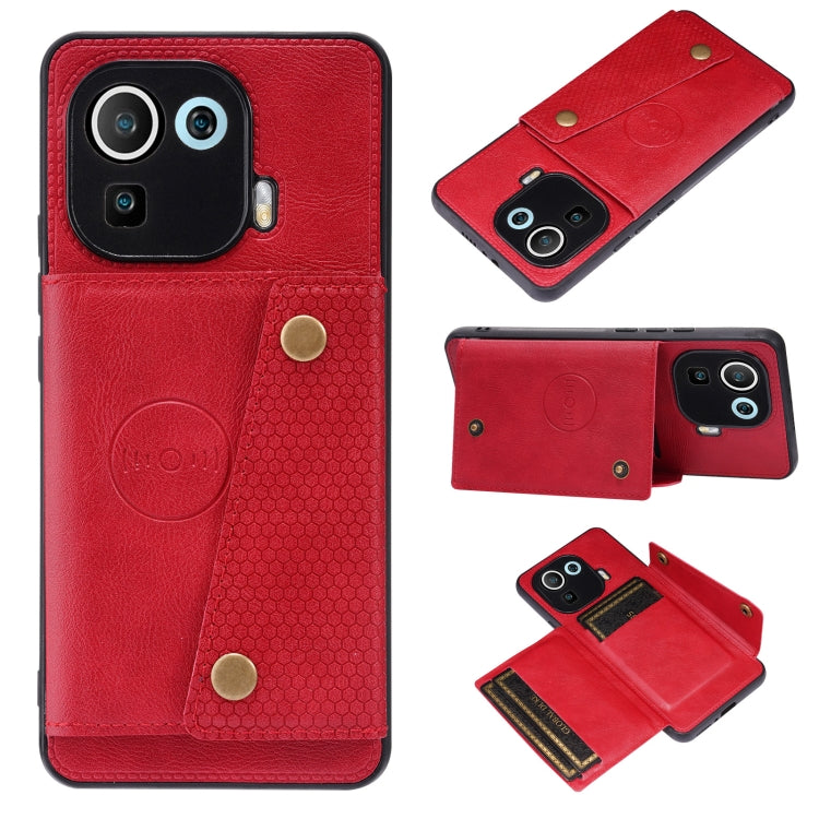 For Xiaomi Mi 11 Pro Double Buckle PU + TPU Shockproof Magnetic Protective Case with Card Slot & Holder