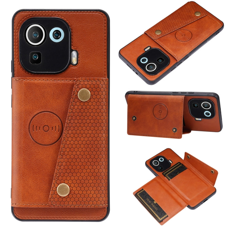 For Xiaomi Mi 11 Pro Double Buckle PU + TPU Shockproof Magnetic Protective Case with Card Slot & Holder