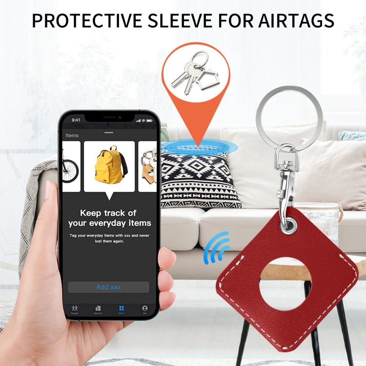 Square PU Leather Case Shockproof Anti-scratch Protective Cover with Keychain Ring Loop For AirTag