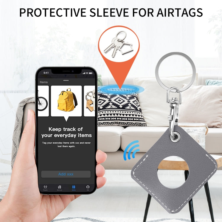 Square PU Leather Case Shockproof Anti-scratch Protective Cover with Keychain Ring Loop For AirTag