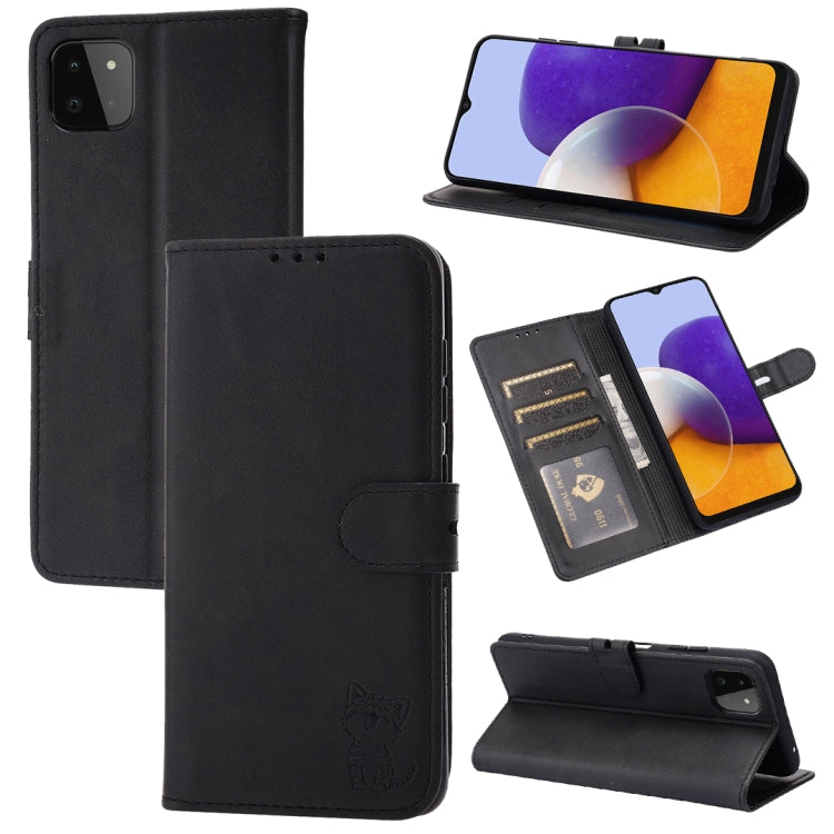 For Samsung Galaxy A22 5G EU Version Embossed Happy Cat Pattern Horizontal Flip Leather Case with Holder & Card Slots & Wallet