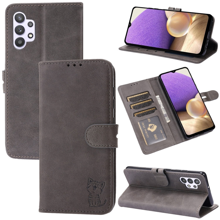 For Samsung Galaxy A32 5G Embossed Happy Cat Pattern Horizontal Flip Leather Case with Holder & Card Slots & Wallet