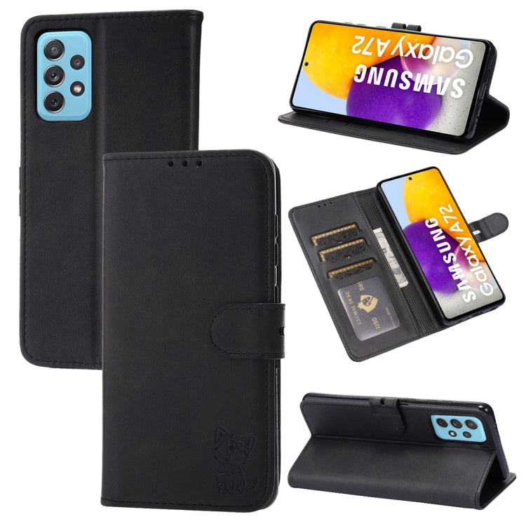 For Samsung Galaxy A72 5G / 4G Embossed Happy Cat Pattern Horizontal Flip Leather Case with Holder & Card Slots & Wallet