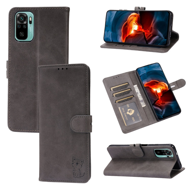 For Xiaomi Redmi Note 10 4G Embossed Happy Cat Pattern Horizontal Flip Leather Case with Holder & Card Slots & Wallet