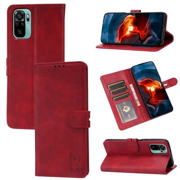 For Xiaomi Redmi Note 10 4G Embossed Happy Cat Pattern Horizontal Flip Leather Case with Holder & Card Slots & Wallet