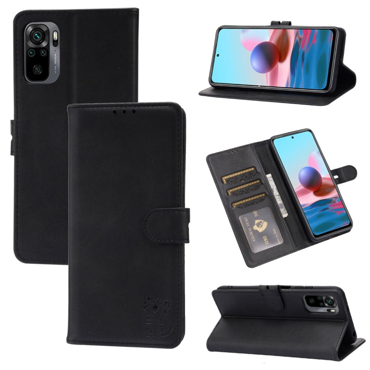 For Xiaomi Redmi Note 10 5G Embossed Happy Cat Pattern Horizontal Flip Leather Case with Holder & Card Slots & Wallet