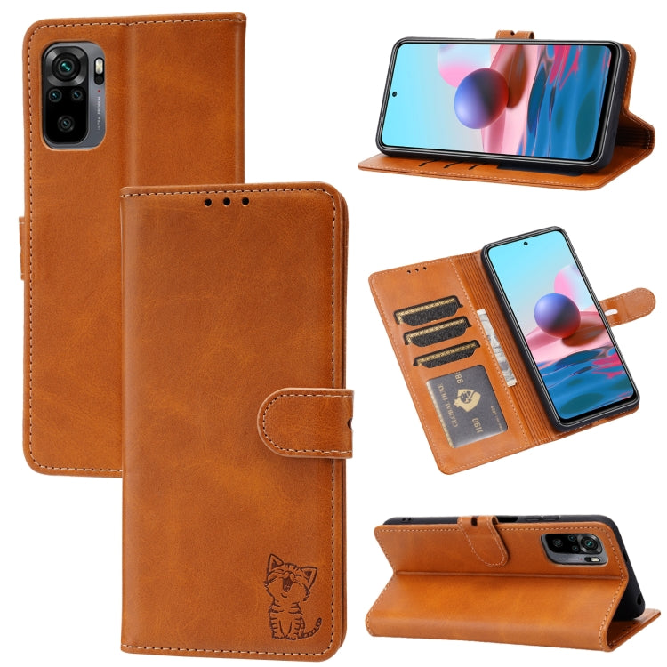 For Xiaomi Redmi Note 10 5G Embossed Happy Cat Pattern Horizontal Flip Leather Case with Holder & Card Slots & Wallet
