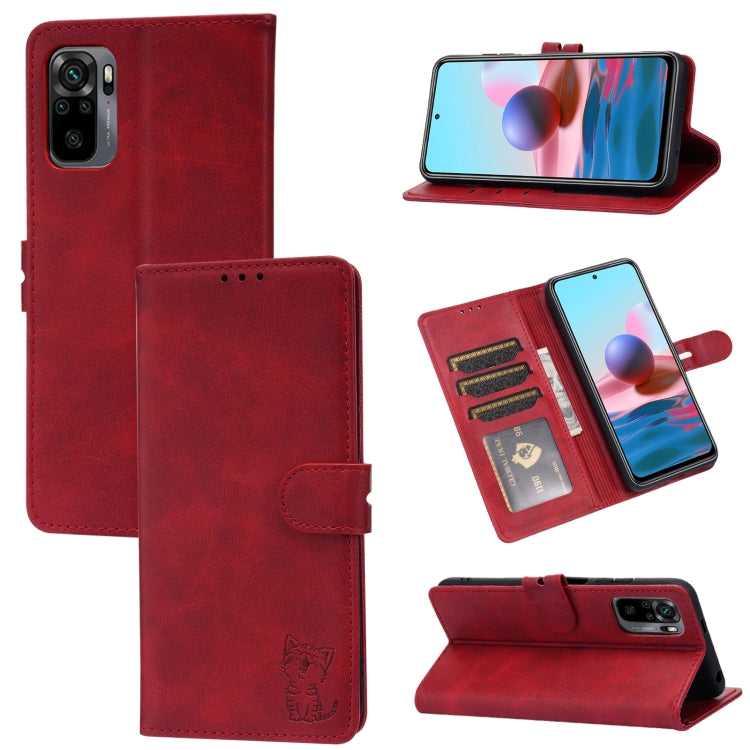 For Xiaomi Redmi Note 10 5G Embossed Happy Cat Pattern Horizontal Flip Leather Case with Holder & Card Slots & Wallet