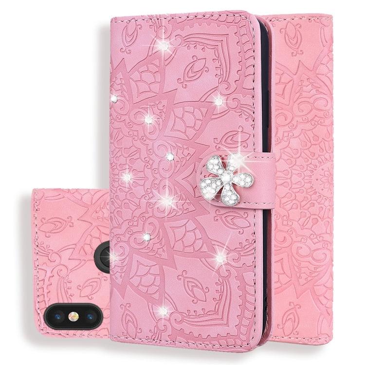 For Xiaomi Redmi 6 Pro Calf Pattern Diamond Mandala Double Folding Design Embossed Leather Case with Wallet & Holder & Card Slots