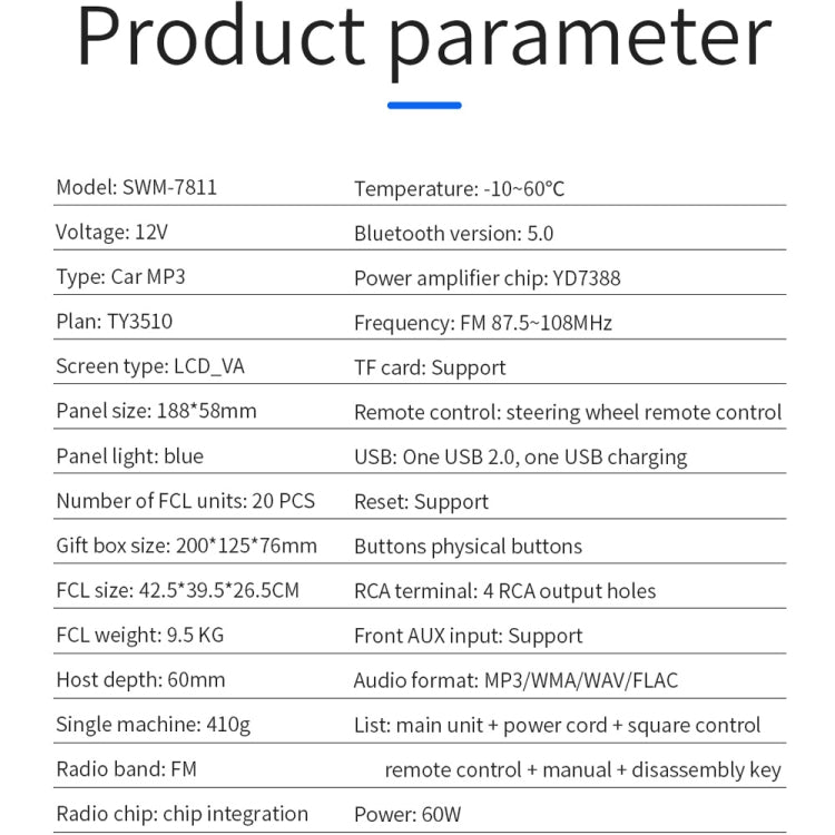 SWM-7811 Car 12V Bluetooth MP3 Player Support FM & TF Card & Voice Assistant with Steering Wheel Remote Control