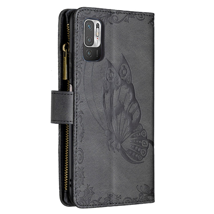 For Xiaomi Poco M3 Pro / Redmi Note 10 5G Flying Butterfly Embossing Pattern Zipper Horizontal Flip Leather Case with Holder & Card Slots & Wallet