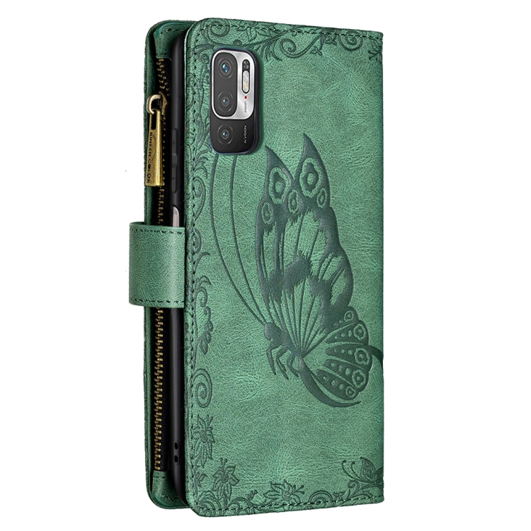 For Xiaomi Poco M3 Pro / Redmi Note 10 5G Flying Butterfly Embossing Pattern Zipper Horizontal Flip Leather Case with Holder & Card Slots & Wallet