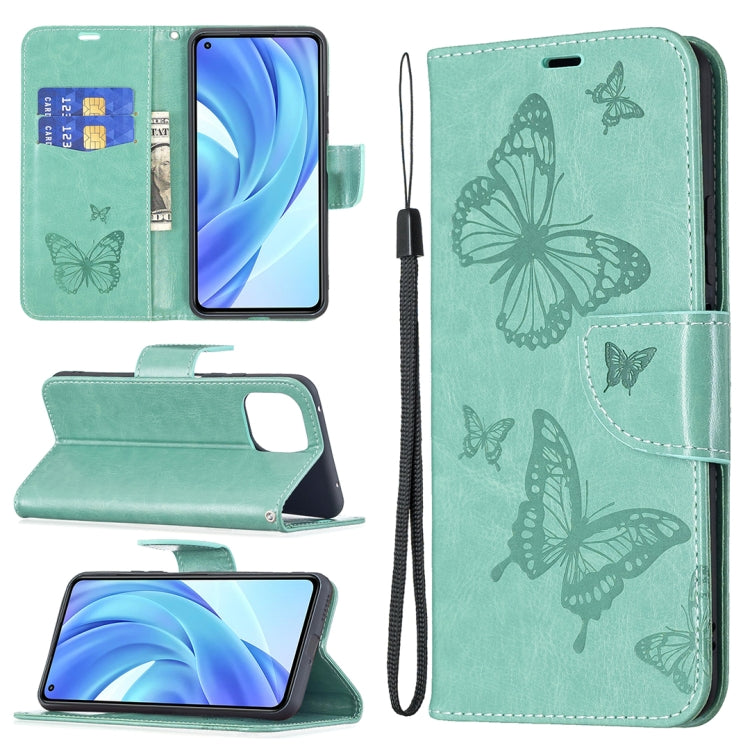 For Xiaomi Mi 11 Lite Embossing Two Butterflies Pattern Horizontal Flip PU Leather Case with Holder & Card Slot & Wallet & Lanyard