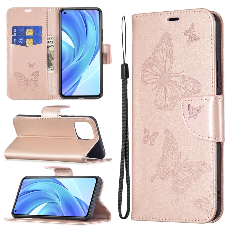 For Xiaomi Mi 11 Lite Embossing Two Butterflies Pattern Horizontal Flip PU Leather Case with Holder & Card Slot & Wallet & Lanyard