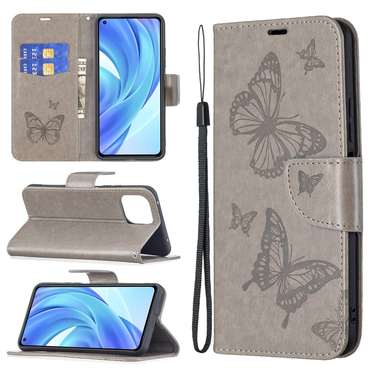 For Xiaomi Mi 11 Lite Embossing Two Butterflies Pattern Horizontal Flip PU Leather Case with Holder & Card Slot & Wallet & Lanyard