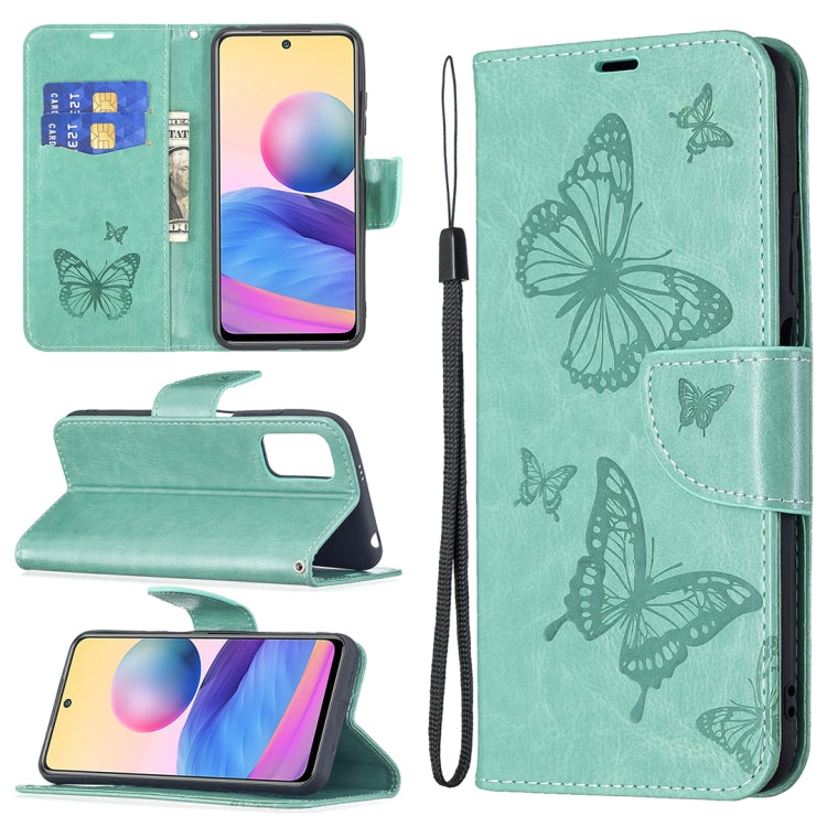 For Xiaomi Poco M3 Pro / Redmi Note 10 5G Embossing Two Butterflies Pattern Horizontal Flip PU Leather Case with Holder & Card Slot & Wallet & Lanyard