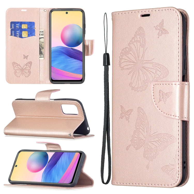 For Xiaomi Poco M3 Pro / Redmi Note 10 5G Embossing Two Butterflies Pattern Horizontal Flip PU Leather Case with Holder & Card Slot & Wallet & Lanyard