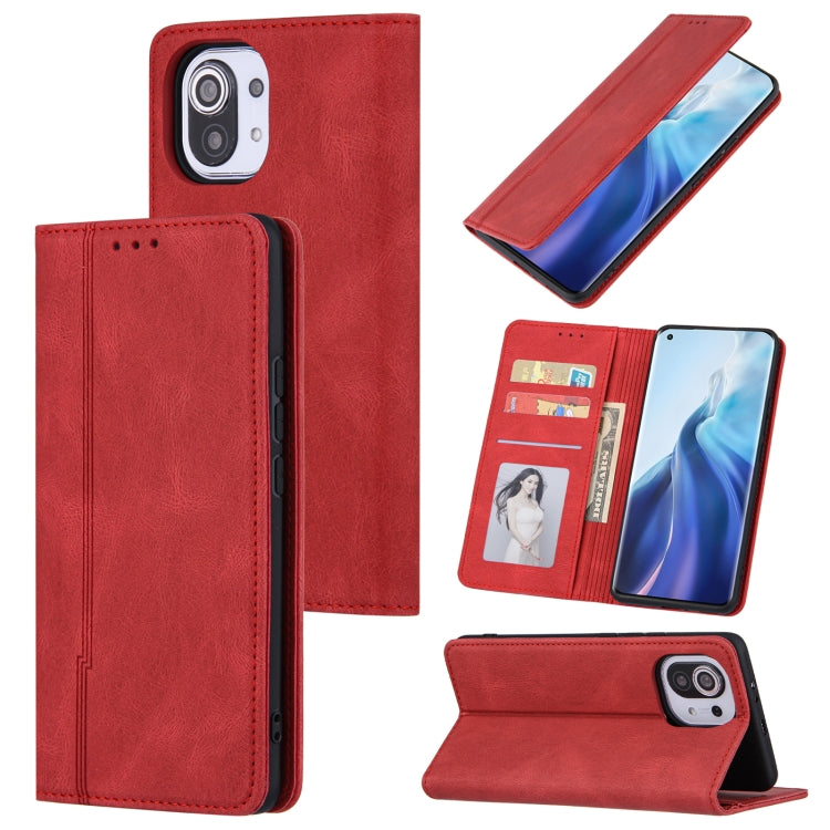 For Xiaomi Mi 11 Skin Feel Pressure Line Magnetic Horizontal Flip Leather Case with Holder & Card Slot & Wallet & Photo Frame