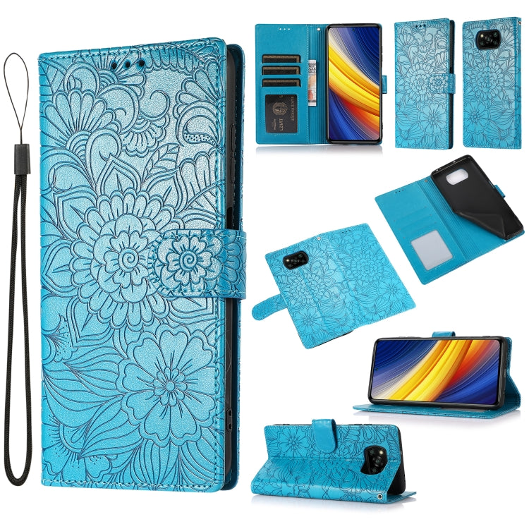 For Xiaomi POCO X3 NFC / X3 Pro / X3 Skin Feel Embossed Sunflower Horizontal Flip Leather Case with Holder & Card Slots & Wallet & Lanyard