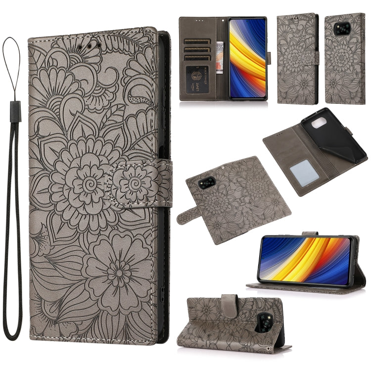 For Xiaomi POCO X3 NFC / X3 Pro / X3 Skin Feel Embossed Sunflower Horizontal Flip Leather Case with Holder & Card Slots & Wallet & Lanyard