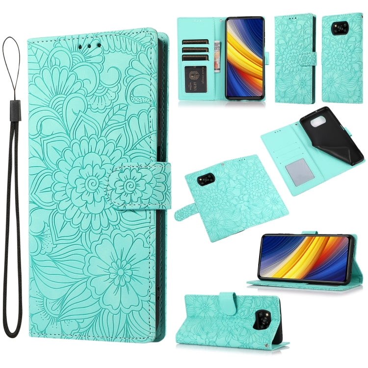 For Xiaomi POCO X3 NFC / X3 Pro / X3 Skin Feel Embossed Sunflower Horizontal Flip Leather Case with Holder & Card Slots & Wallet & Lanyard