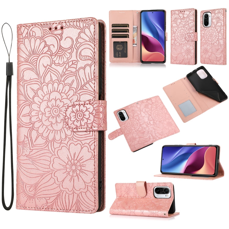 For Xiaomi Redmi K40 / K40 Pro / Poco F3 Skin Feel Embossed Sunflower Horizontal Flip Leather Case with Holder & Card Slots & Wallet & Lanyard