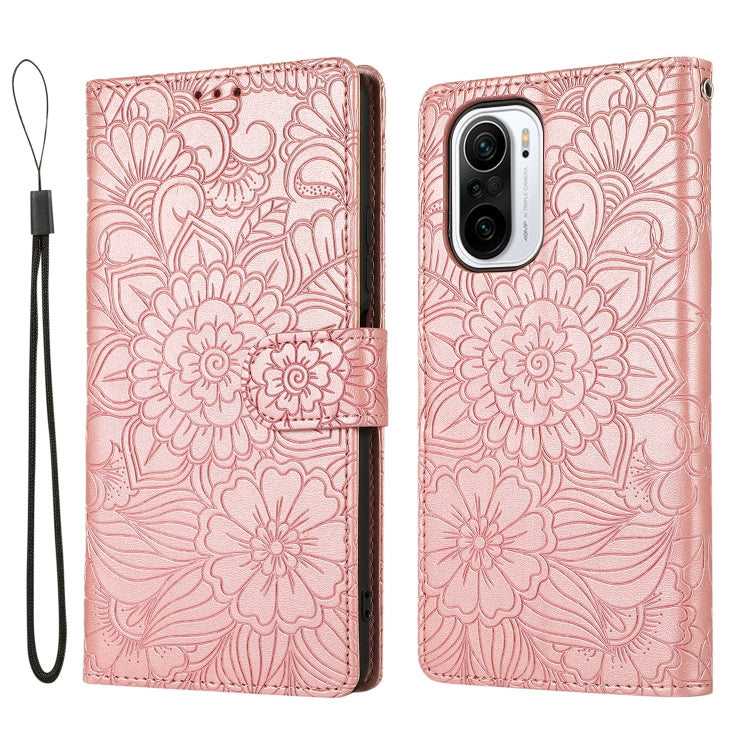 For Xiaomi Redmi K40 / K40 Pro / Poco F3 Skin Feel Embossed Sunflower Horizontal Flip Leather Case with Holder & Card Slots & Wallet & Lanyard