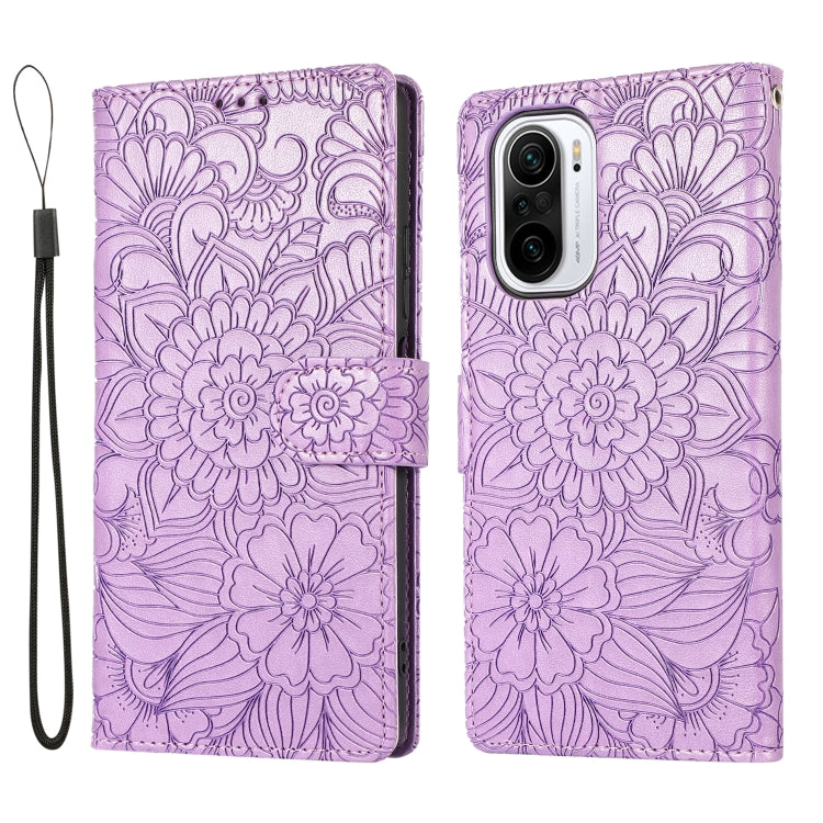 For Xiaomi Redmi K40 / K40 Pro / Poco F3 Skin Feel Embossed Sunflower Horizontal Flip Leather Case with Holder & Card Slots & Wallet & Lanyard