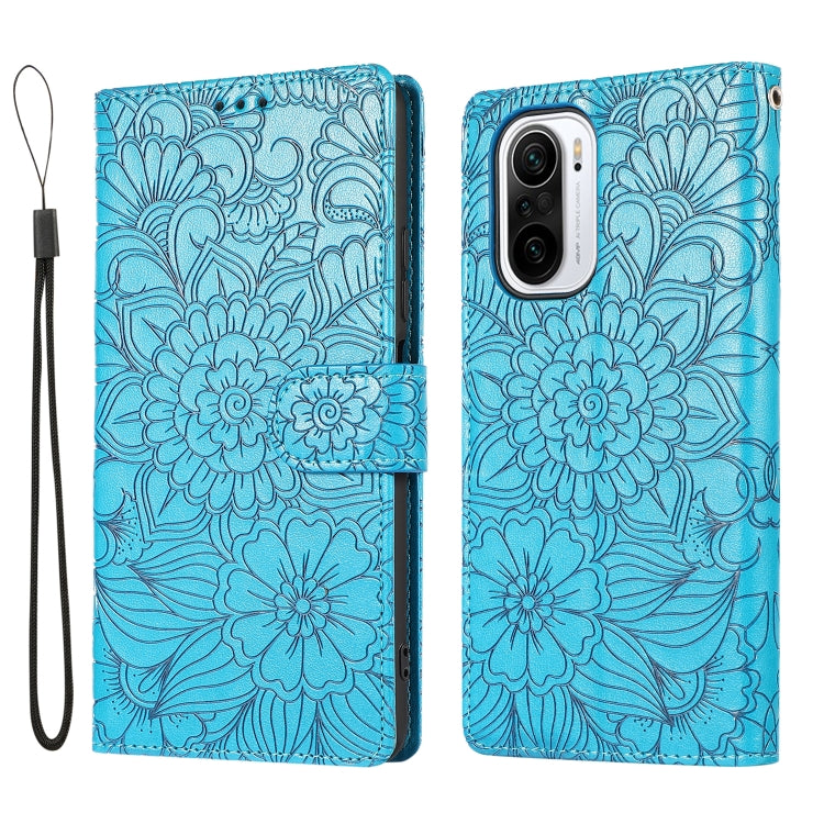 For Xiaomi Redmi K40 / K40 Pro / Poco F3 Skin Feel Embossed Sunflower Horizontal Flip Leather Case with Holder & Card Slots & Wallet & Lanyard
