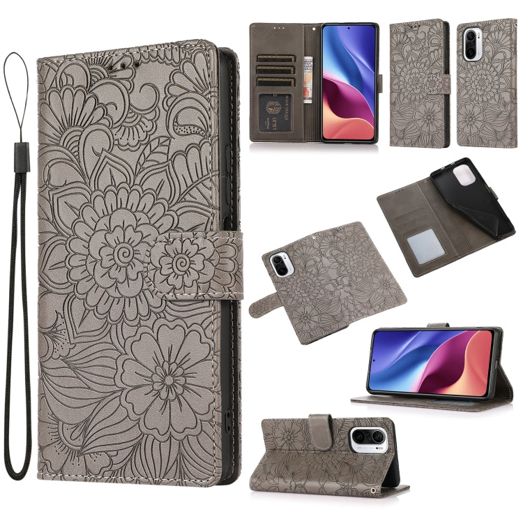 For Xiaomi Redmi K40 / K40 Pro / Poco F3 Skin Feel Embossed Sunflower Horizontal Flip Leather Case with Holder & Card Slots & Wallet & Lanyard
