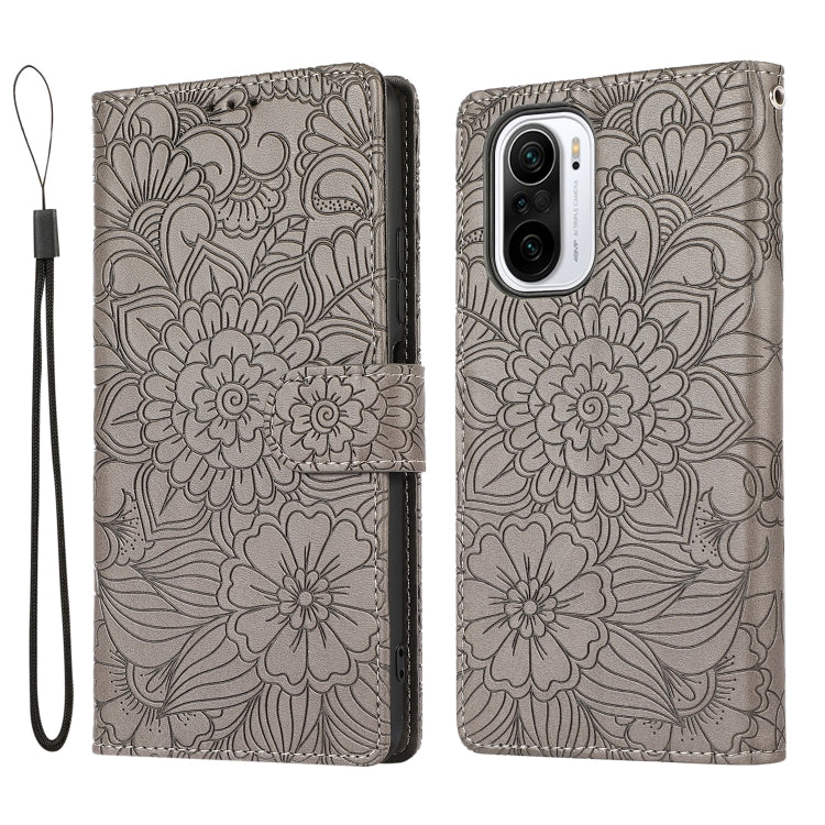 For Xiaomi Redmi K40 / K40 Pro / Poco F3 Skin Feel Embossed Sunflower Horizontal Flip Leather Case with Holder & Card Slots & Wallet & Lanyard